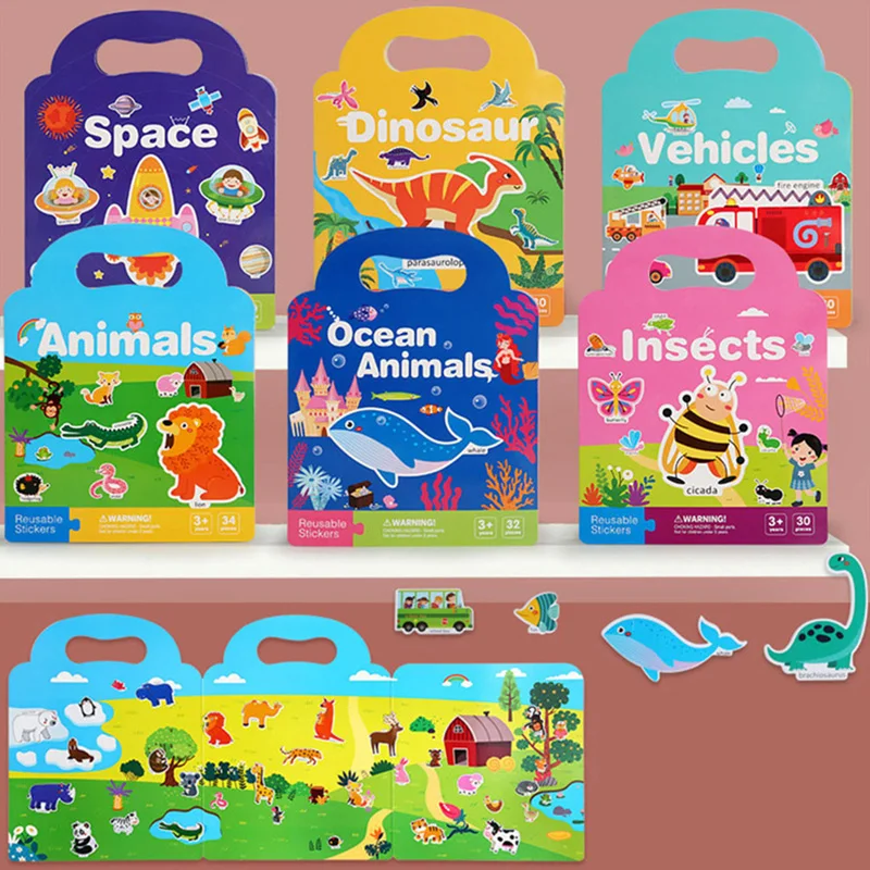 Portable Handheld Scene Sticker Books Cognitive Game Toys Animal Dinosaur Quiet Book Children Montessori Early Education Gifts