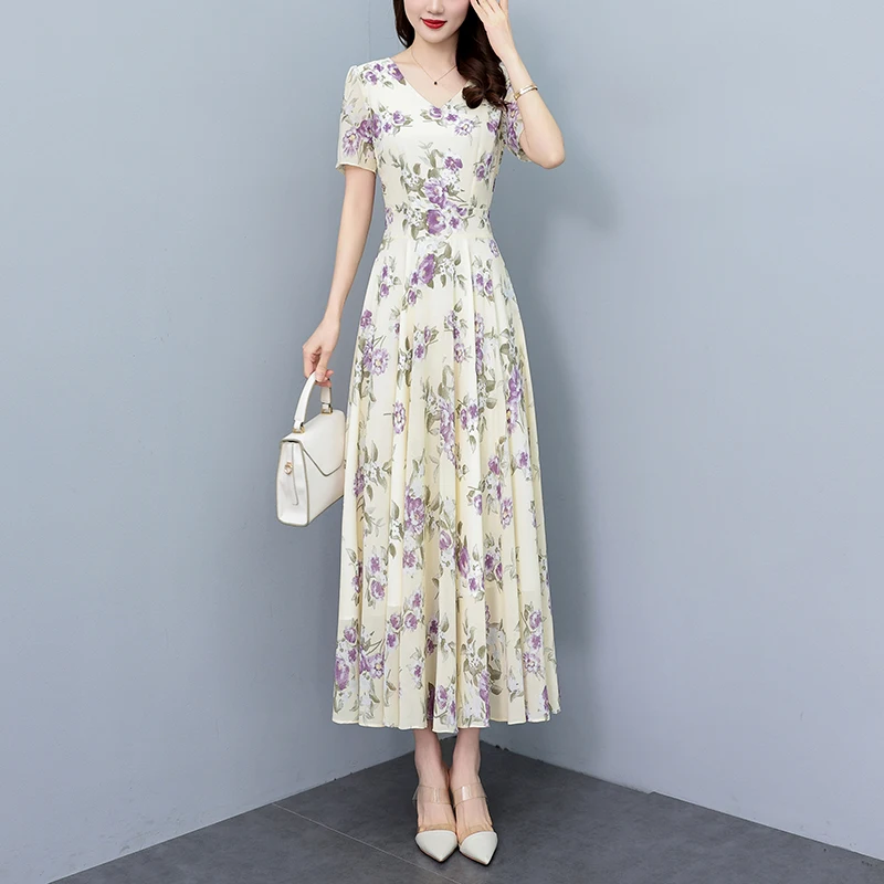 أنيقة فاخرة حفلة موسيقية Bodycon فستان طويل المرأة الأزهار الشيفون عادية بوهو شاطئ فستان الشمس 2025 خمر طباعة ليلة ميدي فستان