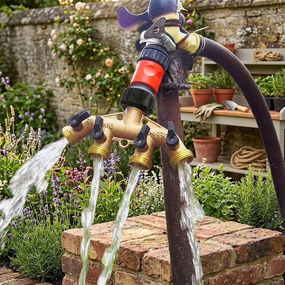 Brass Four-Way Water Valve Adapter Kit Leak Proof Hose Splitter For Garden Tap Garden Sprayers Watering Connectors