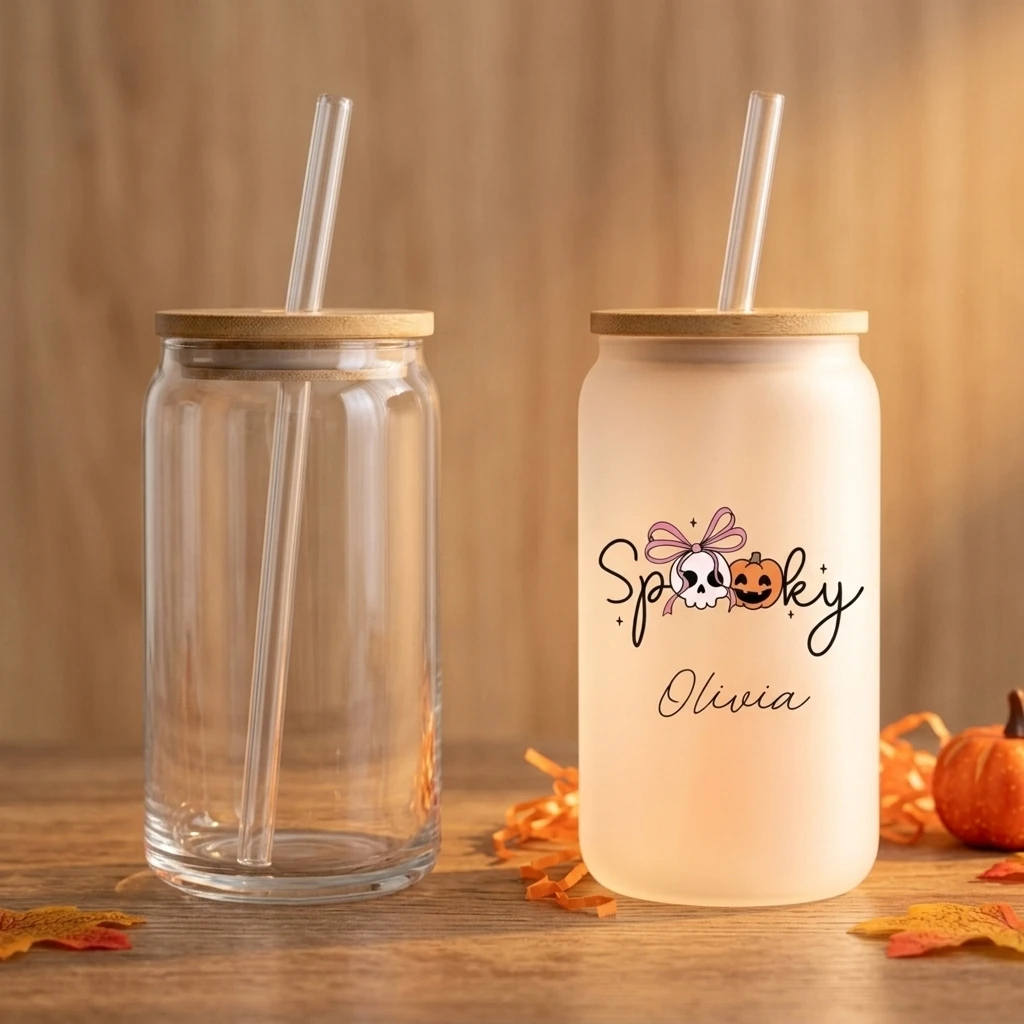맞춤 이름 할로윈 유리컵, 대나무 뚜껑과 빨대 포함,  - Coffee Equipment Names 리뷰 및 가격