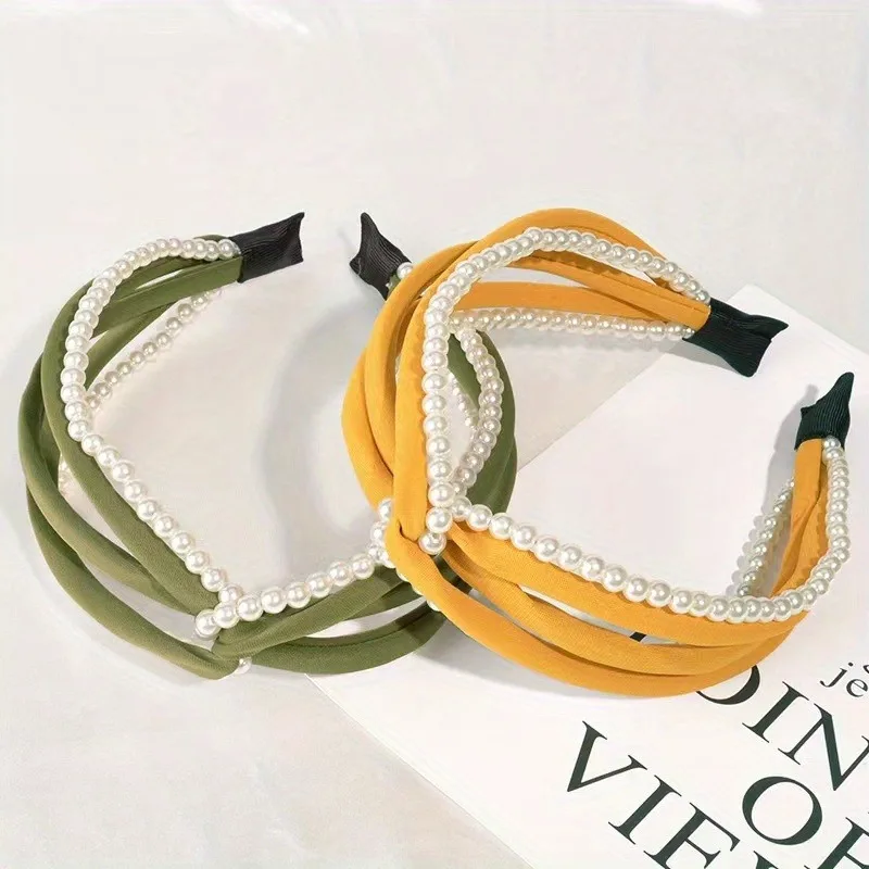 

1 Pc Pearl Woven Hairband, Cross-knot Design, Retro Elegant Headdress, Imitation Pearl Decoration, High-end Quality Headdress