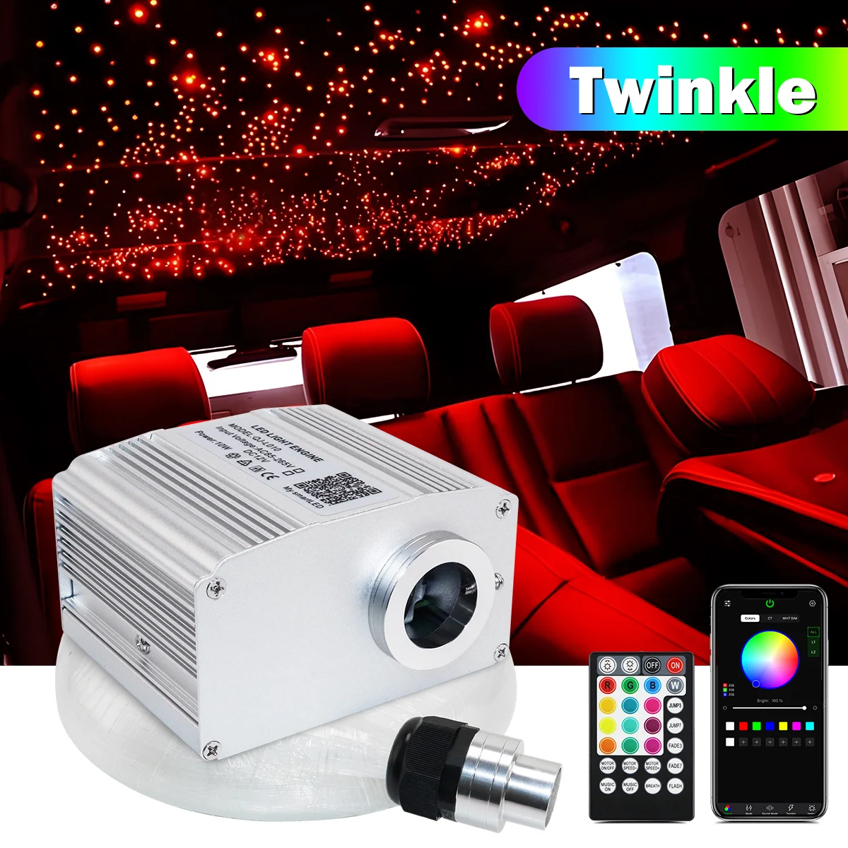 10W Twinkle Fiber Optic Star Ceiling Lights Kit RGBW Car Roof Star Light Bluetooth app Music Control Car Starry Sky Ceiling Lamp