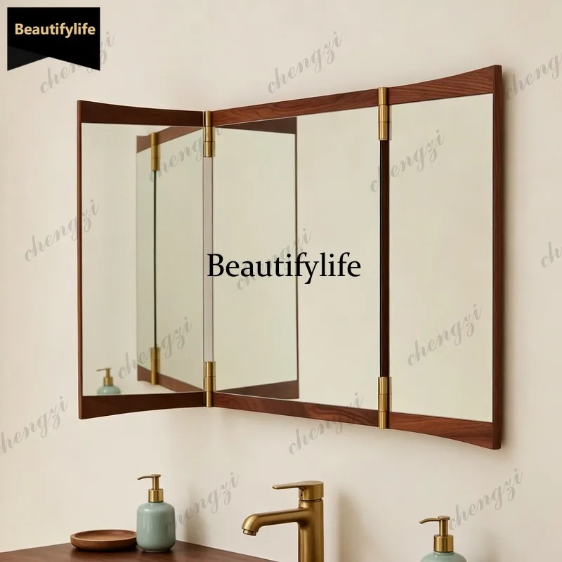 D80 medieval hanging triple folding bathroom mirror adjustable multi-angle makeup mirror solid wood frame mirror