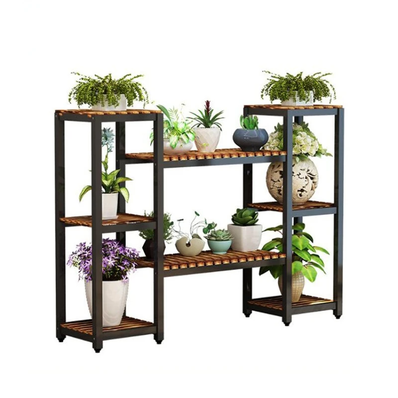 Simple Balcony Flower Stand Rack Wrought Iron Wood Multi-Layer Plant Rack