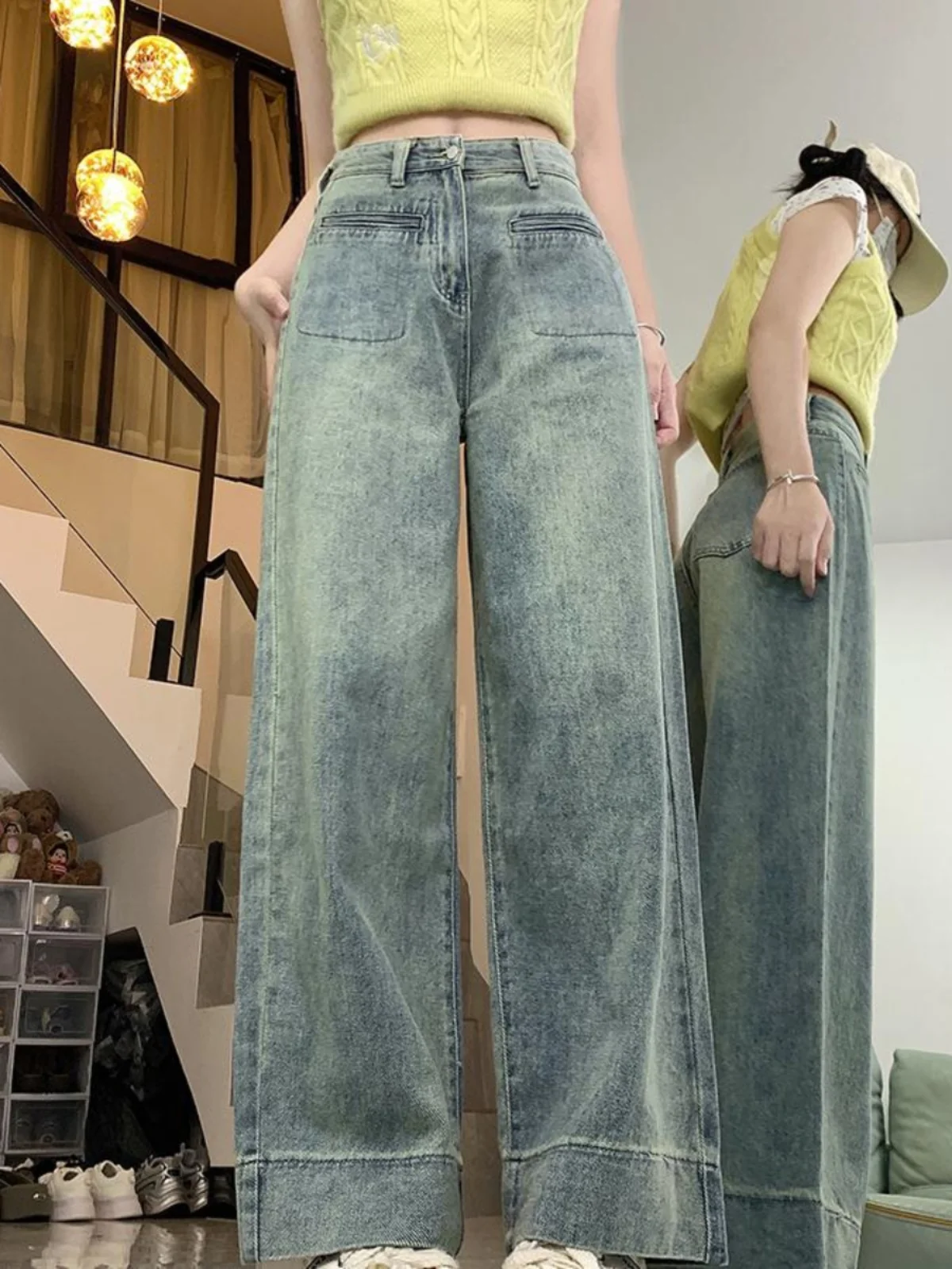 Retro lichtblauwe jeans met hoge taille, wijde pijpen, dames losse pasvorm, rechte snit, lange broek, lente herfst nieuw, plus size
