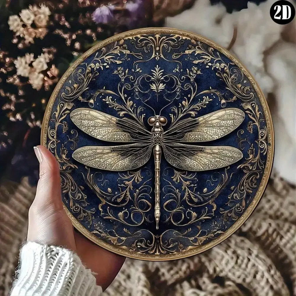 Round Vintage Dragonfly & Flower Metal Plaque Wall Decor for Home/Cafe/Garage, Great Room/Living Room/Kitchen House Decoration