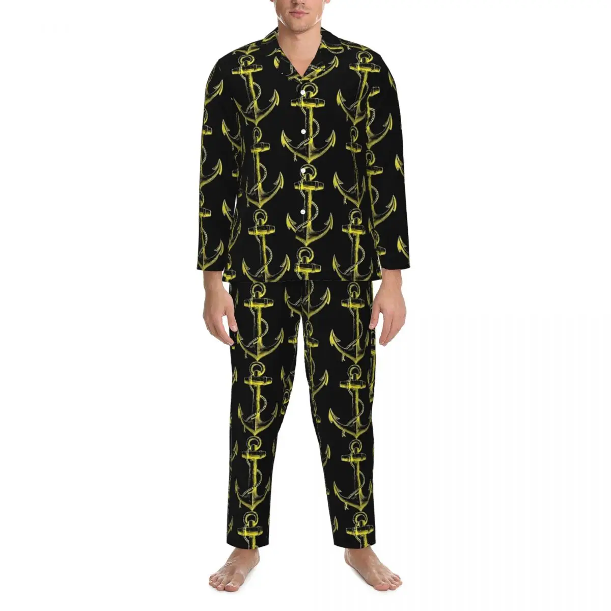 Yellow Anchor Pajama Set Spring Cute Soft Daily Sleepwear Men Two Piece Casual Oversize Design Home Suit Gift