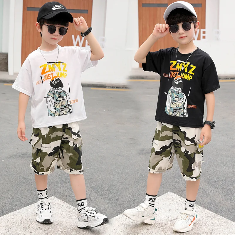 

2024 summer Teenager Boys Clothes Casual Kids Tracksuit Child set letter t shirt + shorts hot camouflage pant 4 6 7 9 to 12 Year