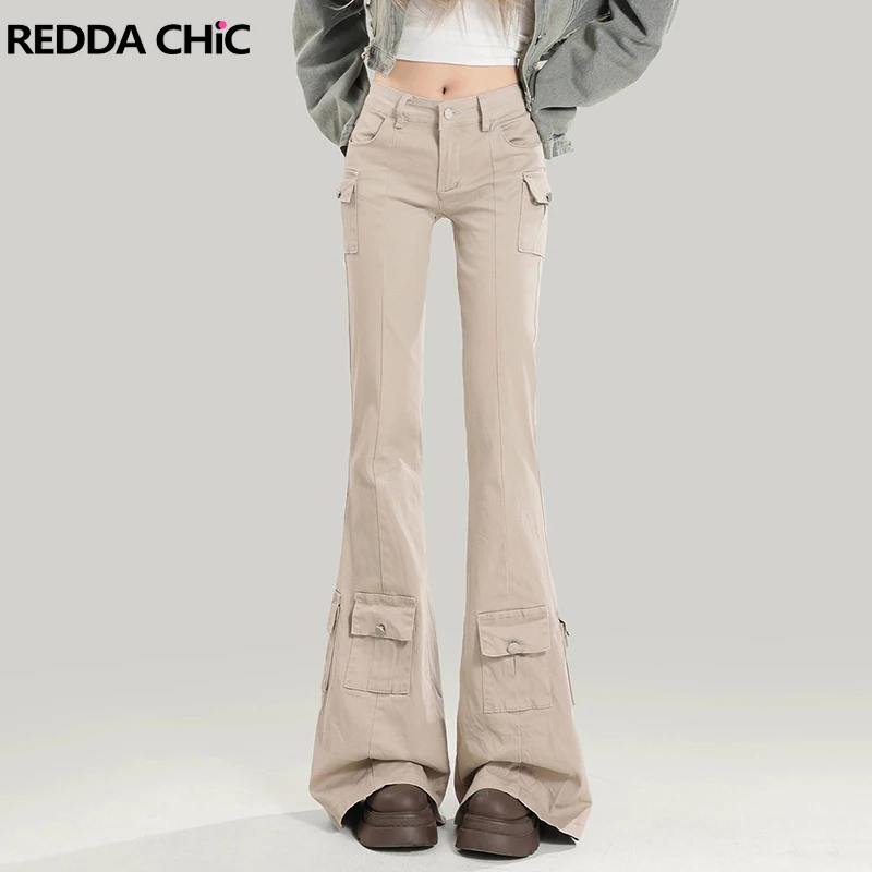 REDDACHiC Western Retro Women Cargo Jeans Plain Khaki Low Rise Multi-pocket Slim Fit Bootcut Pants Bell Bottoms Y2k Streetwear