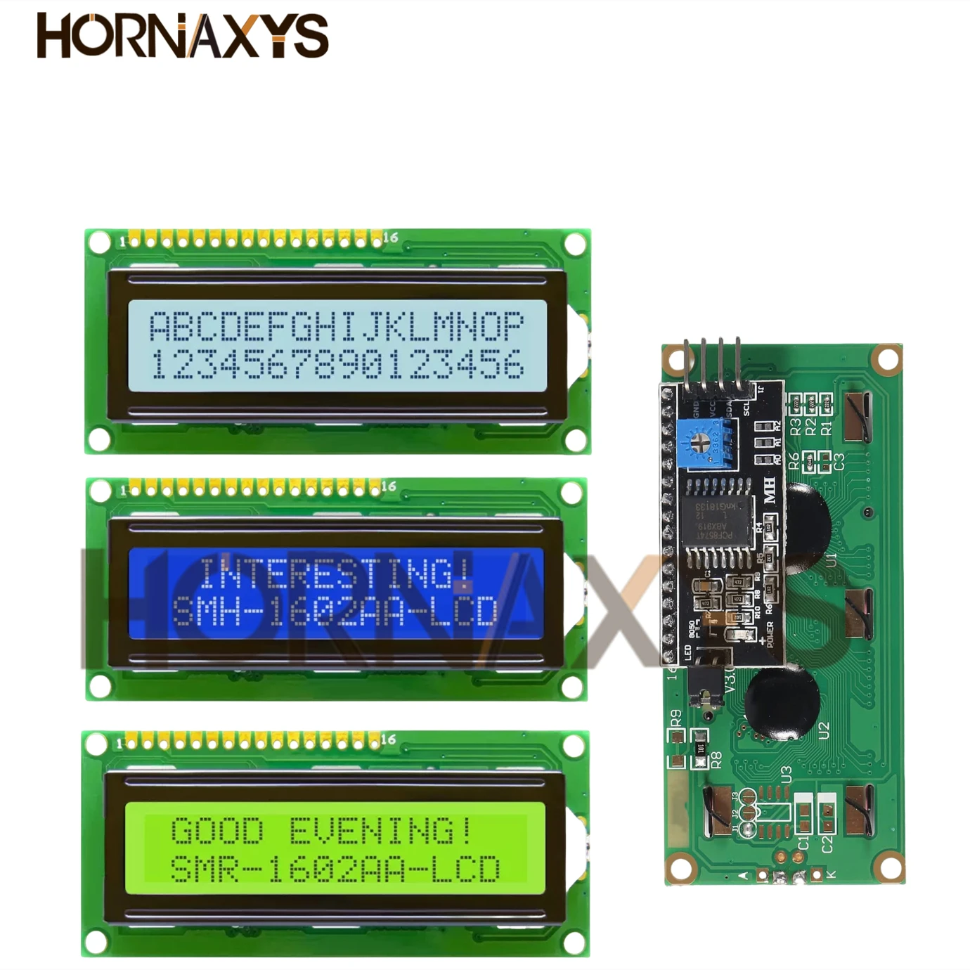 Moduł LCD1602+I2C z niebieskim / żółto-zielonym ekranem, wyświetlacz LCD 16x2 znaków, interfejs PCF8574T PCF8574 IIC I2C, 5V