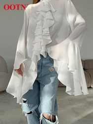 OOTN Fashion Chiffon White Shirts Blouses Women Chic Elegant Loose Ruffled Flare Sleeve Tops Casual O-Neck Sexy Blouses Summer