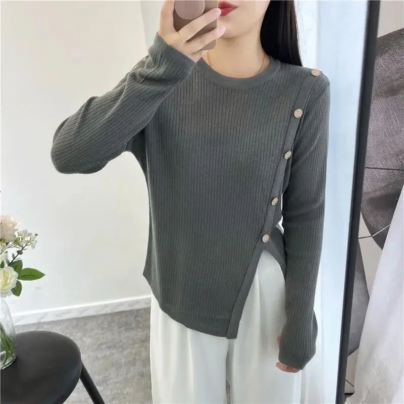 Korean Women\'s Clothing Pullover Long Sleeve Round Neck Button Contrast Color Striped Sweater Knitted Casual Spring Autumn Tops