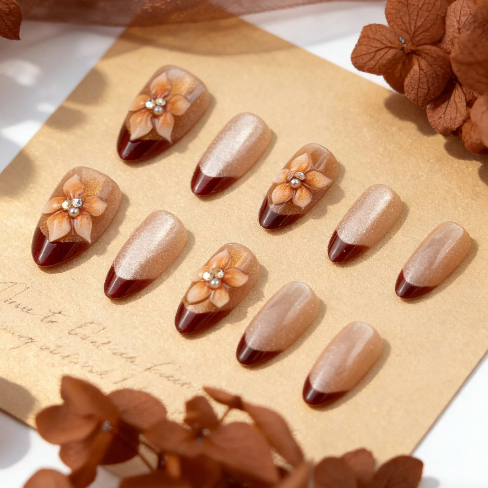 24 pièces 3D amande florale presse sur ongles ensemble à la main diamants avancé marron français faux ongles quotidien exquis doux frais faux ongles