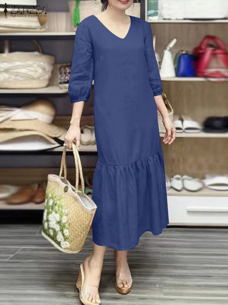 

2024 ZANZEA Women Midi Dress Fashion Summer V Neck 3/4 Sleeve Solid Sundress Elegant Ruffles Hem Robe Femme Loose Casual Vestido