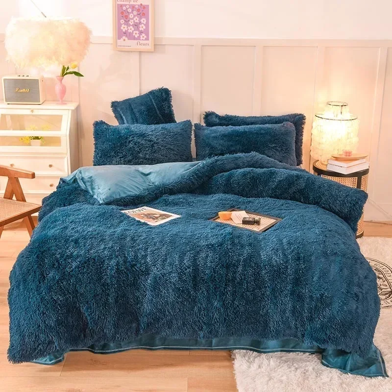 

Winter Super Warm Long Plush Bedding Set Fluffy Faux Fur Shaggy Duvet Cover Flat Bed Sheet Pillowcase Bed Set