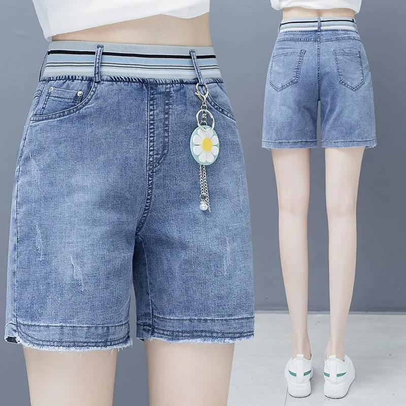 

Джинсовые орты с высокой талией и эластичной резинкой на талии, женские свободные широкие брюки для похудения, тонкие хлопковые эластичные летние модные орты с высокой талией