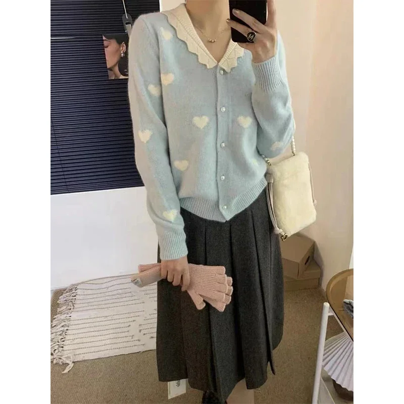 Peter Pan Collar Knitting Cardigan Coat Women Autumn Winter Fashion Love Jacquard Sweater Sweet Preppy Style Trend Knitwear Tops