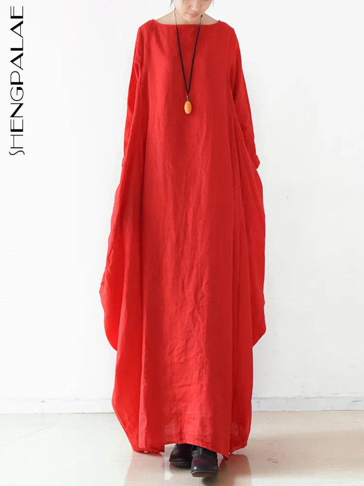 SHENGPALAE Elegant Female Loose Long Dress Solid Slash Neck Design Big Size Women Red Dresses 2024 Autumn New Tide 5C1536