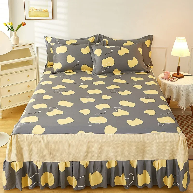 3 Piece Set 100% Cotton Abstract Pattern Bed Skirt Set Boys and Girls Bedroom Bed Cover with 2 Pillowcases Dark Series Bedding