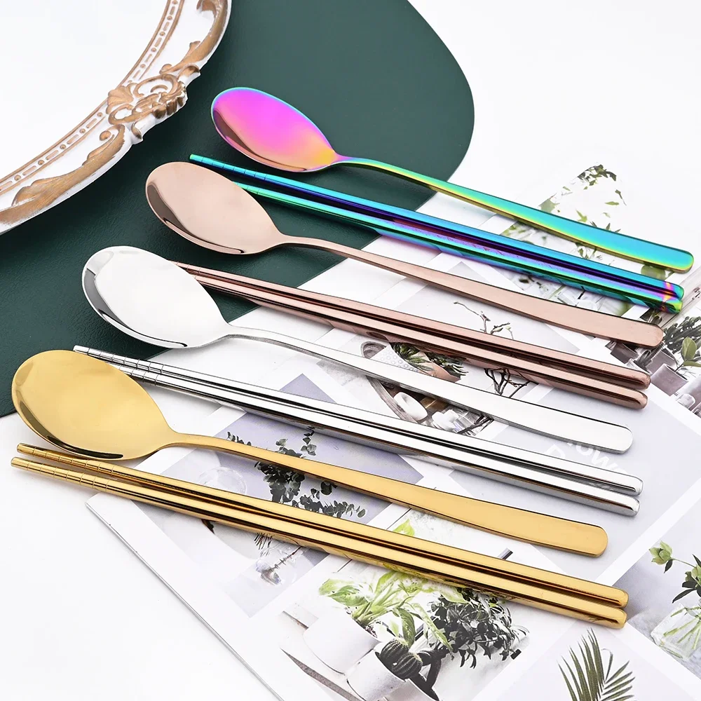 Non-slip Soup Spoon Tableware 6Set Korean Long Handle Chopsticks Spoons Cutlery Set Reusable 304 Stainless Steel Dinnerware Set