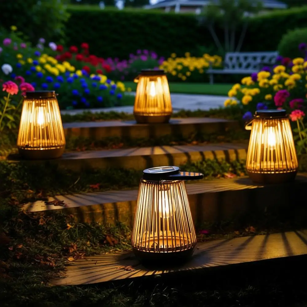 

Outdoor Waterproof Garden Decor Lantern Hanging Lamp with Handle, Unique Ideas Rattan LED Lanterns or Decorations Patio Lawn Tab