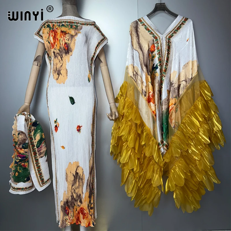 WINYI Boho Beach Pleated Slim Dress and Coat Two-Piece Suit for Women Bohemian Trab Woman Dresses Floor Length Vacation Top