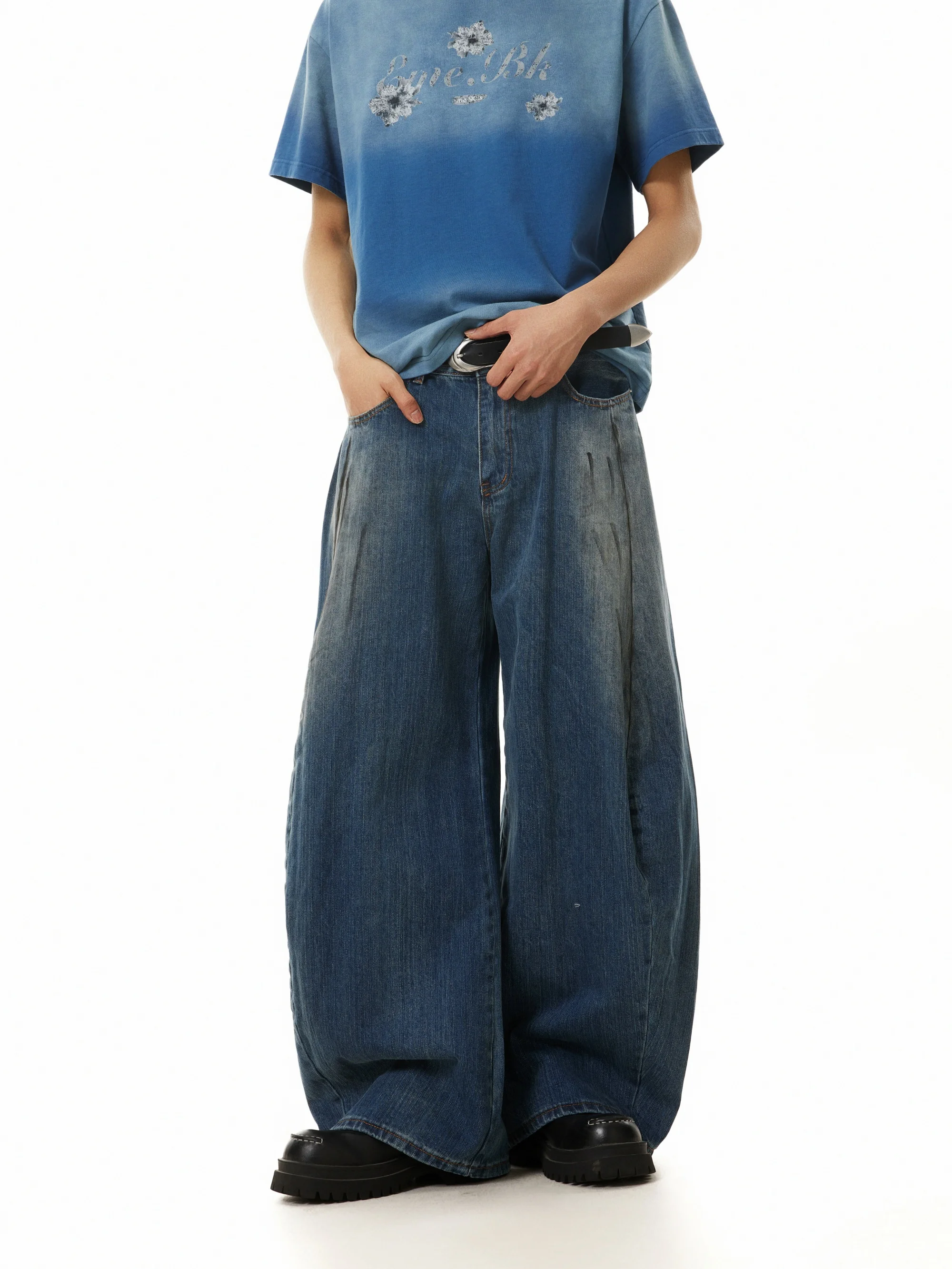Amerikaanse retro noodlijdende vuile geverfde ontwerp Machete Jeans losse gedrapeerde casual broek met wijde pijpen
