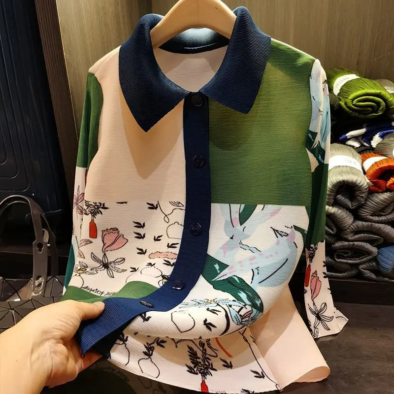 Pleated  shirt new long-sleeved fashion color matching printed versatile and thin jacket women's loose single-breasted top