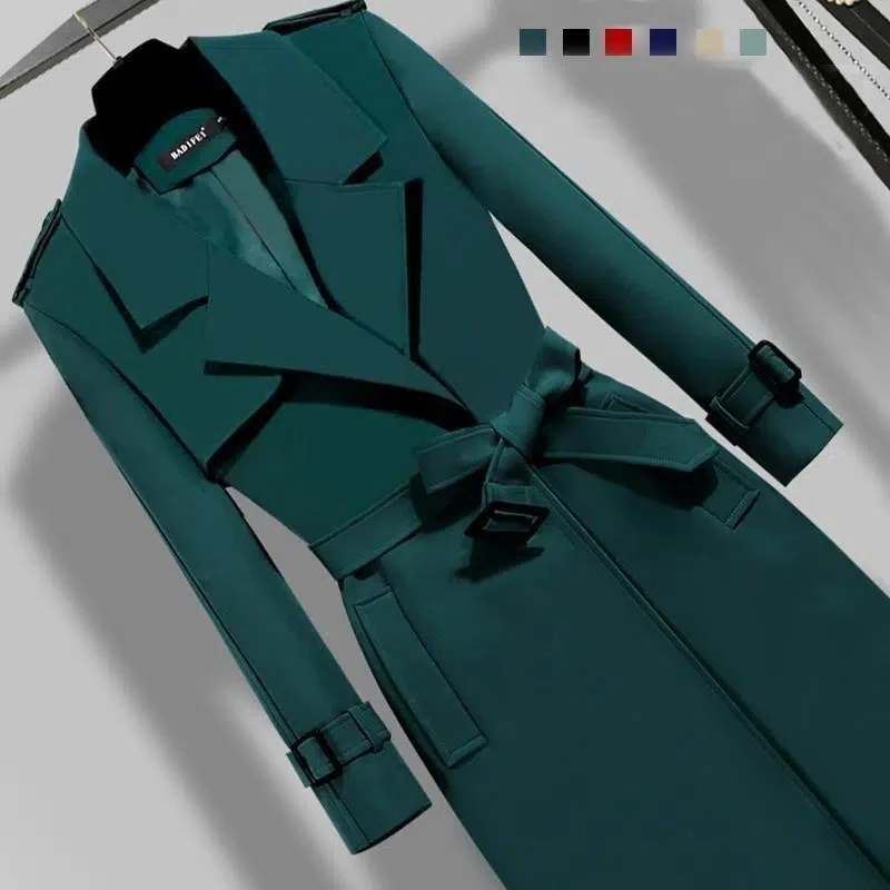 Office Lady Sashes Long Trench Coats Women Spring One Button Lined Solid Color Windbreaker Fashion Turndown Collar Work Overcoat