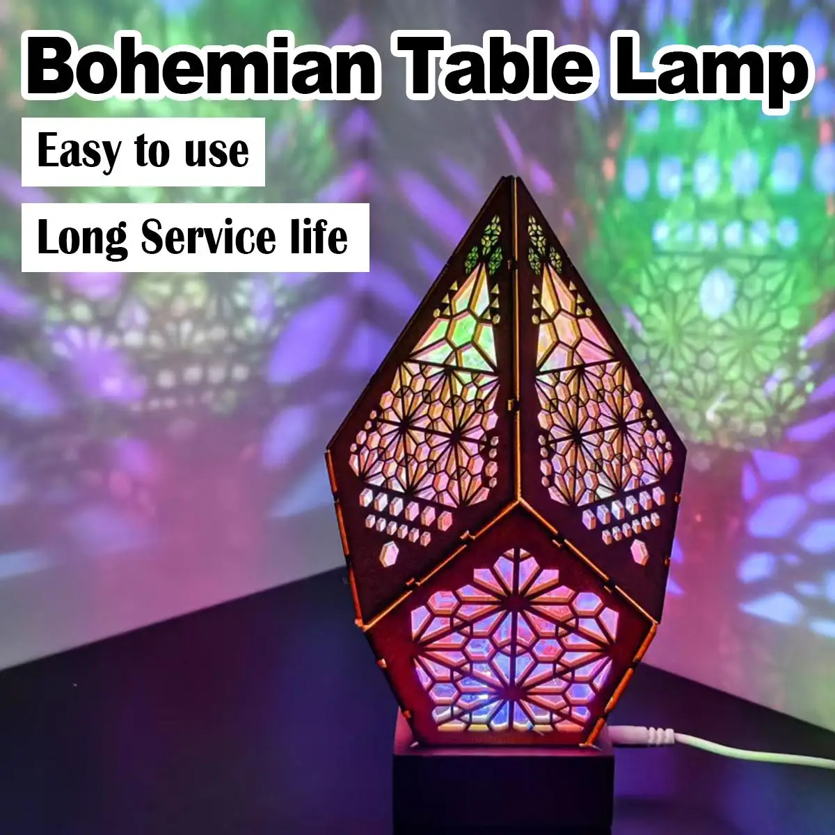 Usb Bohemian Led Projection Table Lamp Projector Light Retro Indoor Star Colorful Lights Effect Pattern And Wooden Night Bedside
