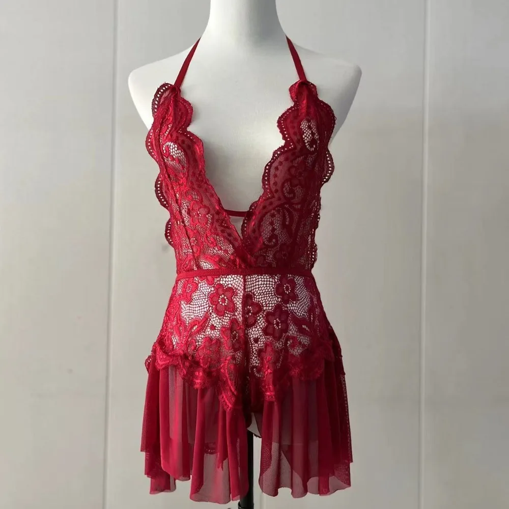 

Elegant Nightgown Sexy Lace Bodysuit Hanging Neck Camisole Sexy Clothing Dress Slim Fit Sleeveless Lace Corset Skirt Home