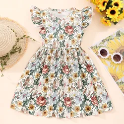 Elegant Girls Flora Print Flutter Trim Sleeveless Dress For Summer Party Gift