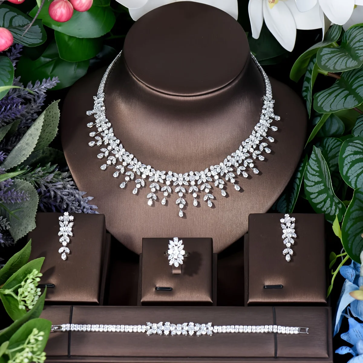 Latest Bridal Wedding Jewelry Sets High Quality Leaf Round Design Women Anniversary 4pc Necklace and Earring Sets S-346 - Image 2
