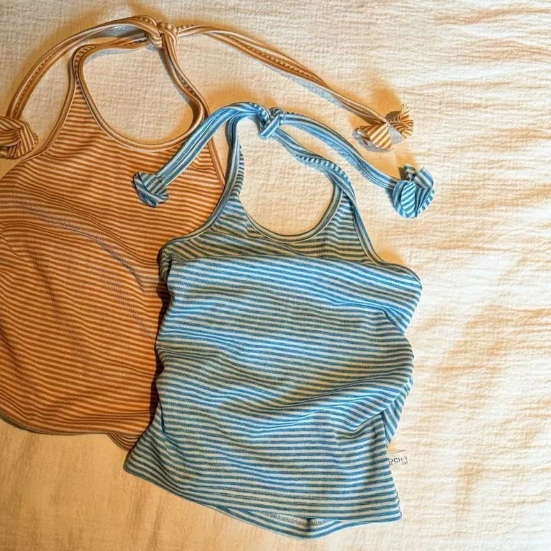 Korean Girls Summer Beach Style Striped Camisole Childrens Vacation Style U Neck Outerwear Vest