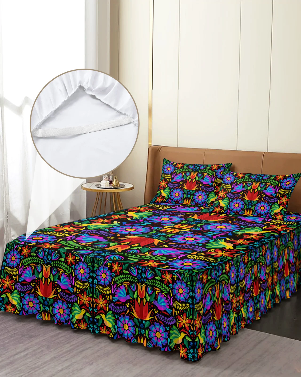 Colorful Mexico Abstract Flower Bed Skirt Elastic Fitted Bedspread With Pillowcases Mattress Cover Bedding Set Bed Sheet