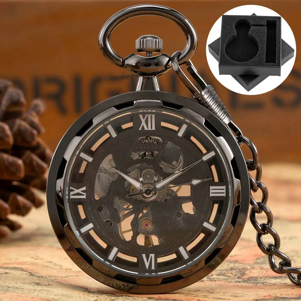 Transparent Glass Hollow Out Black Fob Chain Pendant Mechanical Hand Winding Pocket Watch Roman Numerals Dial Timepiece Gift
