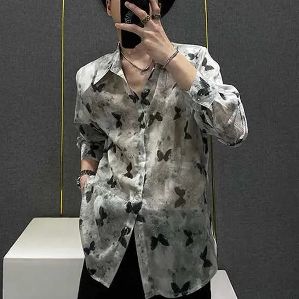 

Mens Shirt Mesh Butterfly Shirt Summer Breathable Casual Streetwear Personality Slim Long-Sleeve Top Men'S Clothing 2024 New