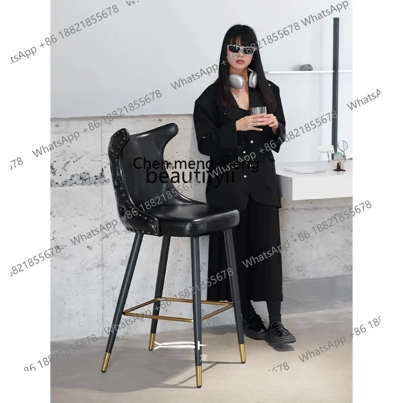 E153 American Style Light Luxury Bar Stool Vintage Oil Wax Genuine Leather Backrest Island Stool Bar Solid Wood High Stool