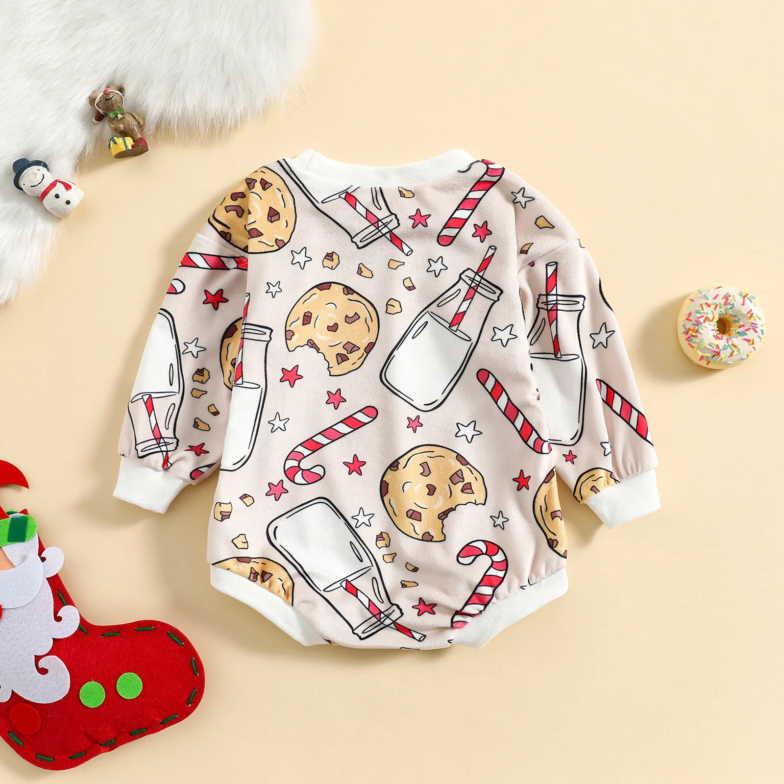 2022-08-26 Lioraitiin 0-24M Infant Baby Girls Boys Christmas Bodysuit Biscuits Milk Bottle Print Long Sleeve Jumpsuits