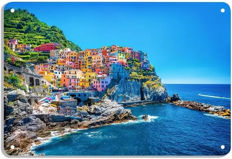 Coastal Landscape of Cinque Terre In The Mediterranean Retro Metal Tin Sign Poster Wall Decor Modern Artwork Bar Cafe Hall Ho