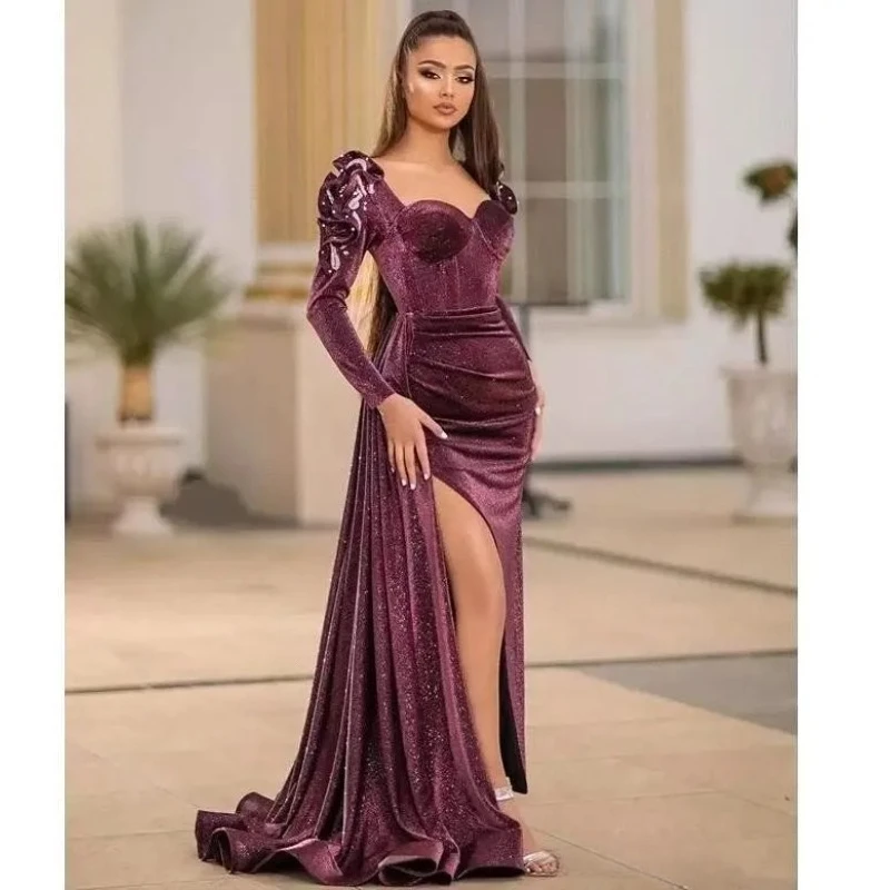 Sparkly Fluwelen Zeemeermin Avondjurk Hals Lange Mouw Galajurk Plus Size Sexy Split Feestjurk Vestdos De Fiesta Aangepast