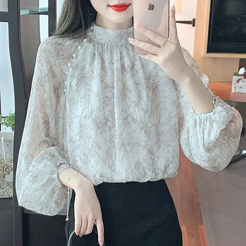 Elegant Stand Collar Printed Folds Beading Chiffon Blouses Female Clothing 2024 Spring New Loose Casual Tops Office Lady Shirts