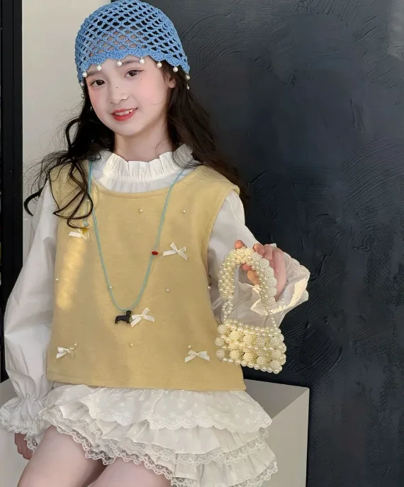 2023 Spring Autumn Baby Girls Sweet Candy Color  Knitting Sweater Vest  Shirts Clothing Sets Children Korean Blouse Vest Outfits