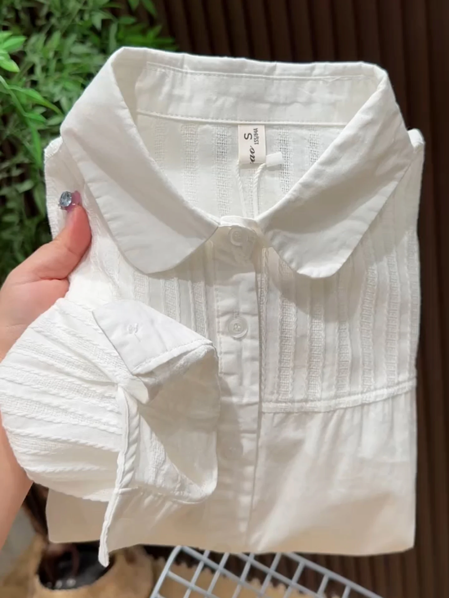 

Ele White Doll Collar Splice Long Sve Base irt Women's Spring Faion Slimming Simple Top Commute Straight Tube Silk