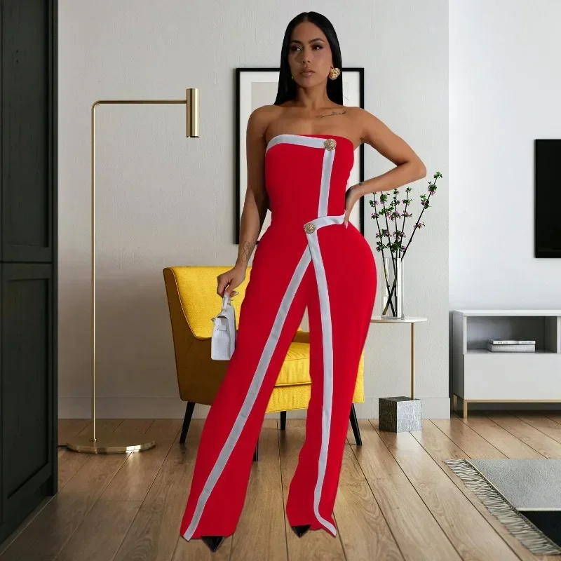 GUWU レディース エレガント ボタン ノースリーブ ストラップレス イレギュラー ジャンプスーツ ワイドレッグ ワンピース セクシー ナイトクラブ ストリートウェア