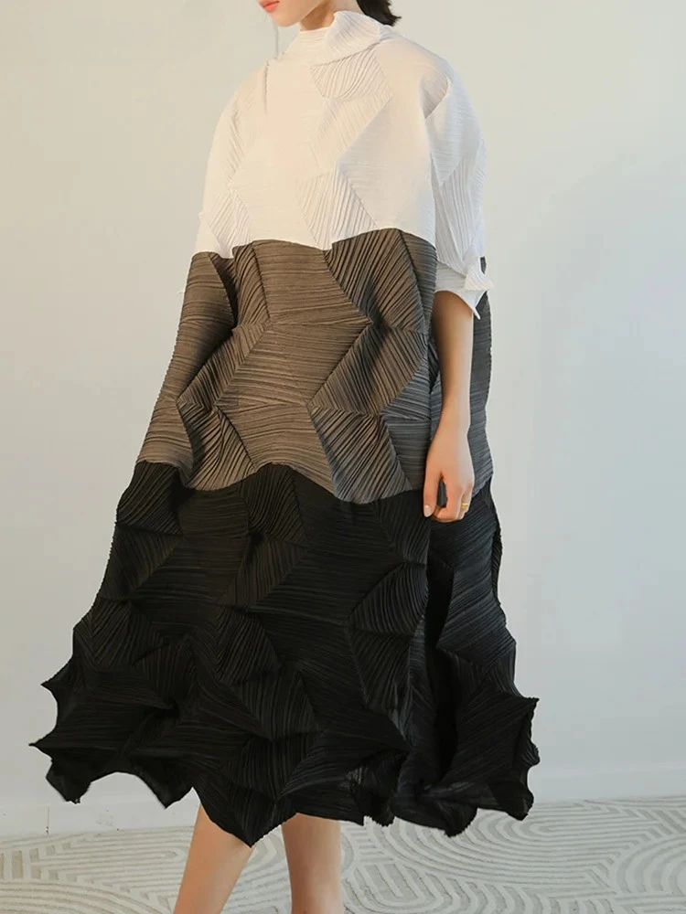 

Short Sleeve Colorblocking Folded High Neck Dress Loose Women's Clothing Women's Casual Pleated Dress Miyake 2025 Summer New