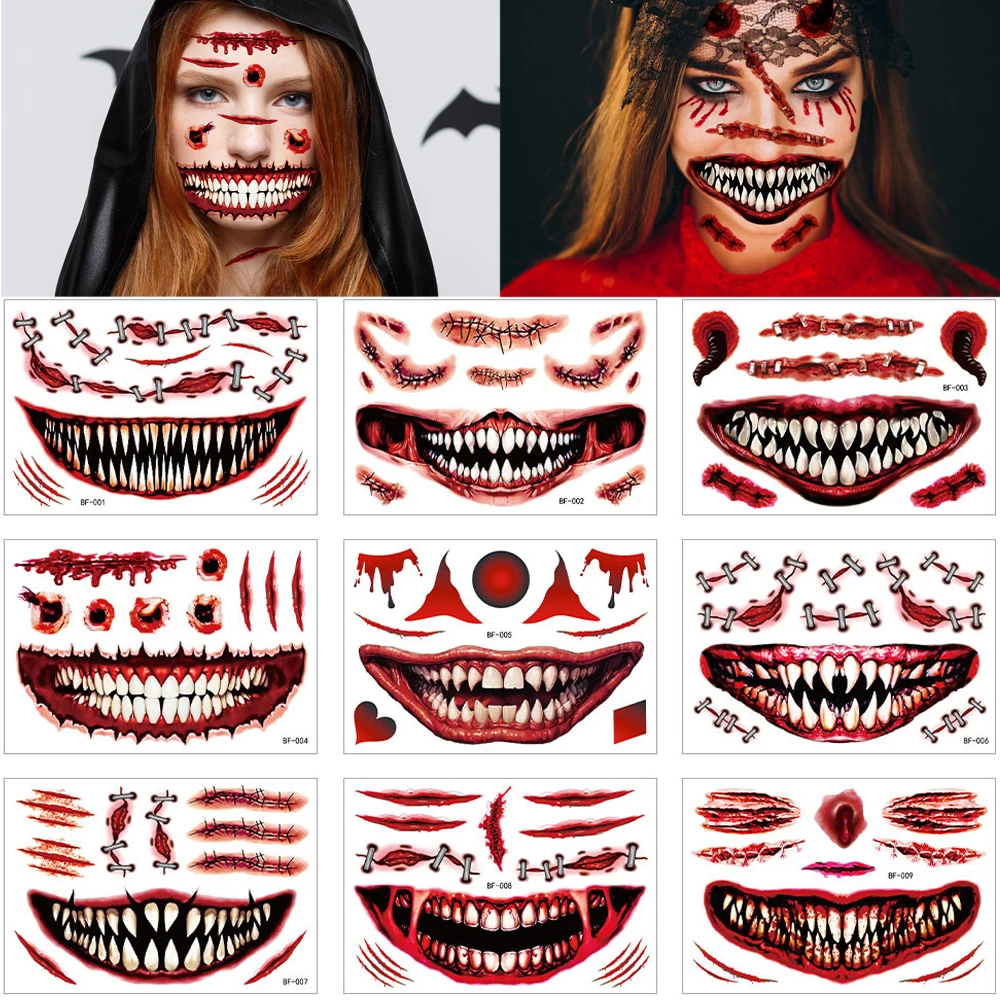 

9 шт., поддельные татуировки с большим ртом для Хэллоуина, макияжа для лица, водонепроницаемые временные татуировки для женщин и мужчин, шрам, страшная наклейка для косплея