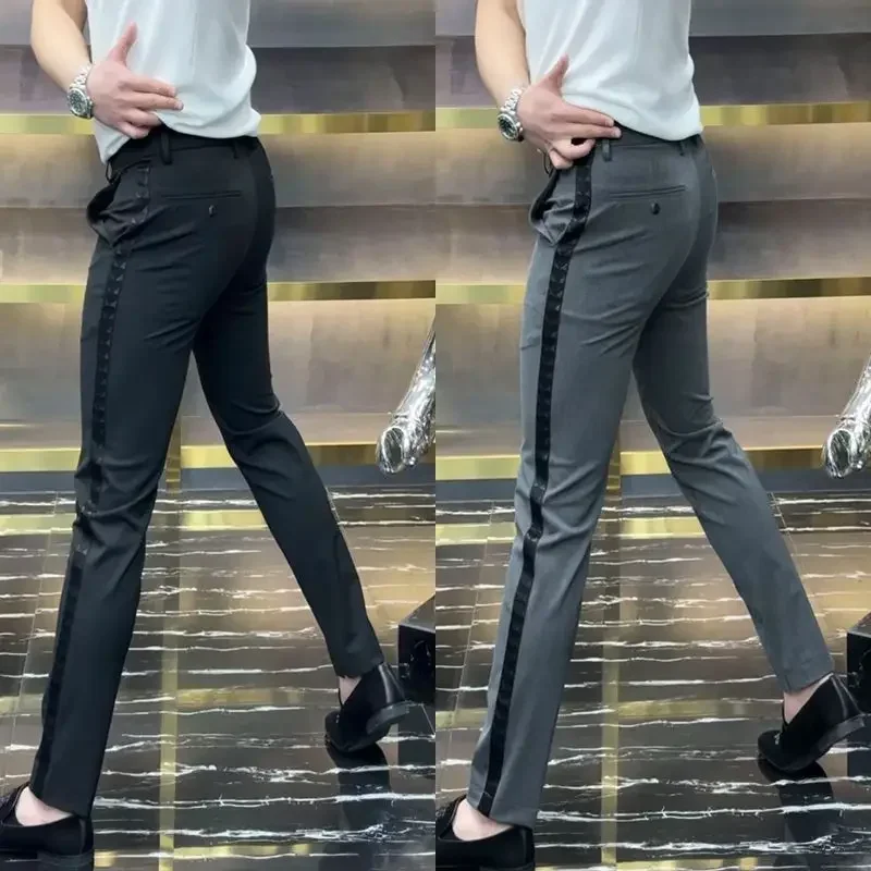 Spring Men Side Striped Business Suits Pencil Pants Streetwear Fashion Male Clothes Elastic Slim Casual Straight Trousers 29-38
