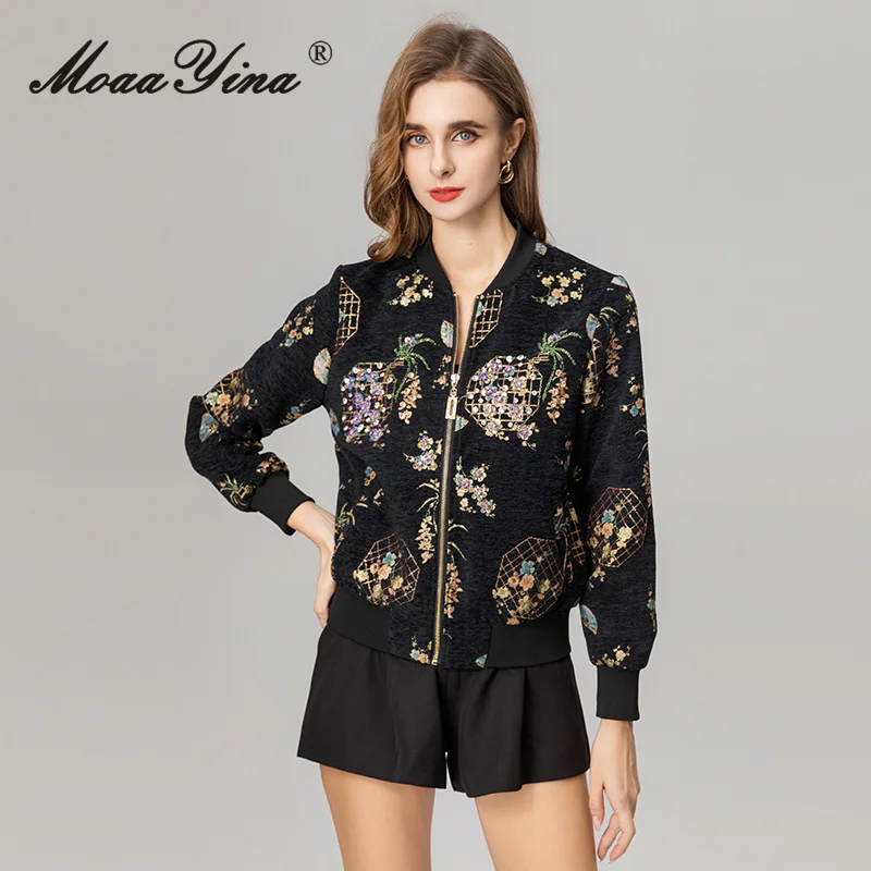 

MoaaYina 2025 autumn and winter women's standing collar long sleeved sequined floral embroidery zipper coat