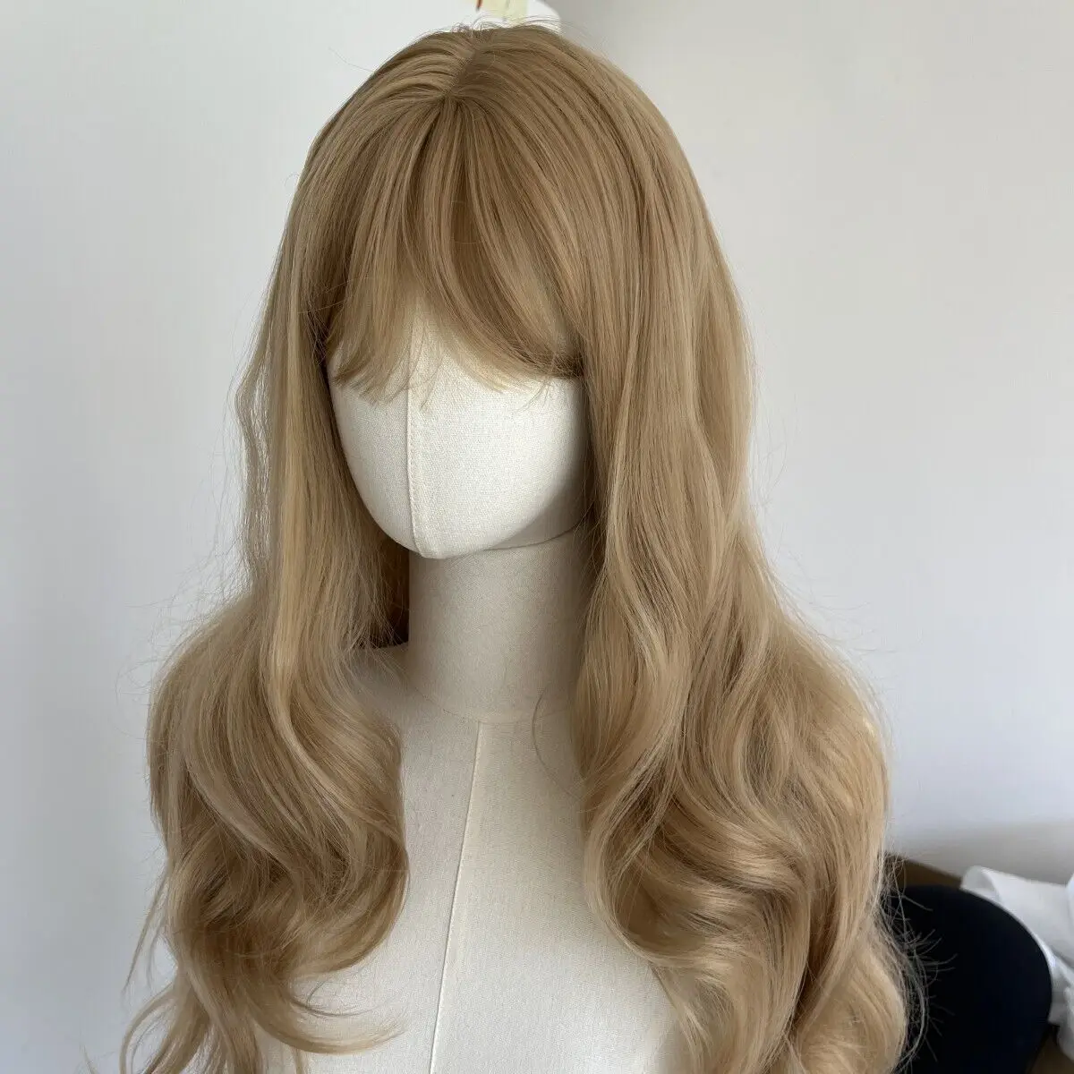 Long Wavy Blonde Dress Up Wig With Bangs Synthetic Hair Heat Resistant